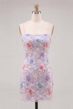 Lilac Bodycon Floral Beaded Short Homecoming Dress