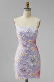 Lilac Bodycon Floral Beaded Short Homecoming Dress