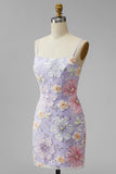 Lilac Bodycon Floral Beaded Short Homecoming Dress