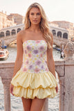 Light Yellow Strapless A Line Floral Short Homecoming Dress