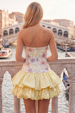 Light Yellow Strapless A Line Floral Short Homecoming Dress