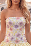 Light Yellow Strapless A Line Floral Short Homecoming Dress