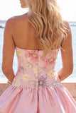Light Yellow Strapless A Line Floral Short Homecoming Dress