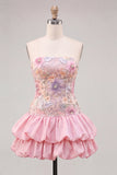 Light Yellow Strapless A Line Floral Short Homecoming Dress