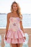 Light Yellow Strapless A Line Floral Short Homecoming Dress