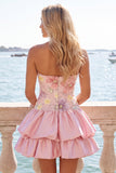 Light Yellow Strapless A Line Floral Short Homecoming Dress