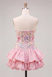 Light Yellow Strapless A Line Floral Short Homecoming Dress