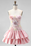 Light Yellow Strapless A Line Floral Short Homecoming Dress