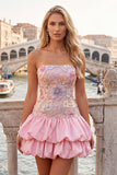 Light Yellow Strapless A Line Floral Short Homecoming Dress