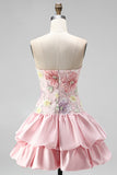 Light Yellow Strapless A Line Floral Short Homecoming Dress
