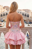Light Yellow Strapless A Line Floral Short Homecoming Dress