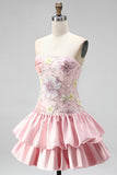 Light Yellow Strapless A Line Floral Short Homecoming Dress