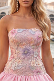 Light Yellow Strapless A Line Floral Short Homecoming Dress