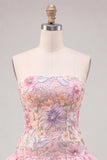 Light Yellow Strapless A Line Floral Short Homecoming Dress