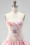Light Yellow Strapless A Line Floral Short Homecoming Dress