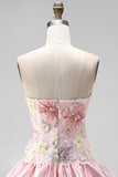 Light Yellow Strapless A Line Floral Short Homecoming Dress