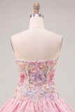 Light Yellow Strapless A Line Floral Short Homecoming Dress
