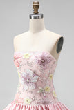 Light Yellow Strapless A Line Floral Short Homecoming Dress