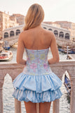 Light Yellow Strapless A Line Floral Short Homecoming Dress