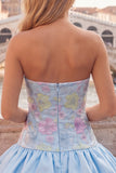 Light Yellow Strapless A Line Floral Short Homecoming Dress