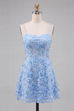 Light Blue A Line Floral Applique Short Homecoming Dress