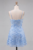 Light Blue A Line Floral Applique Short Homecoming Dress
