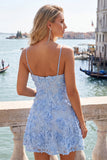 Light Blue A Line Floral Applique Short Homecoming Dress