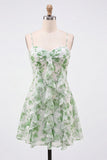 Green Floral A Line Short Homecoming Dress with Ruffles