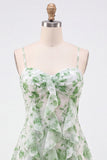 Green Floral A Line Short Homecoming Dress with Ruffles