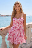 Green Floral A Line Short Homecoming Dress with Ruffles