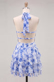 Red Halter A Line Tiered Ruffles Floral Short Homecoming Dress