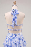 Red Halter A Line Tiered Ruffles Floral Short Homecoming Dress
