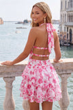 Red Halter A Line Tiered Ruffles Floral Short Homecoming Dress