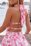 Red Halter A Line Tiered Ruffles Floral Short Homecoming Dress