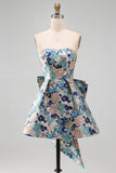 Pink Floral Jacquard Strapless A Line Homecoming Dress with Pearls