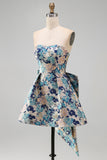 Pink Floral Jacquard Strapless A Line Homecoming Dress with Pearls