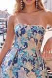 Pink Floral Jacquard Strapless A Line Homecoming Dress with Pearls