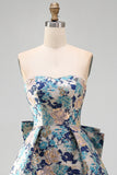 Pink Floral Jacquard Strapless A Line Homecoming Dress with Pearls