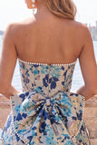 Pink Floral Jacquard Strapless A Line Homecoming Dress with Pearls