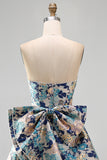 Pink Floral Jacquard Strapless A Line Homecoming Dress with Pearls