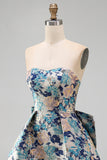 Pink Floral Jacquard Strapless A Line Homecoming Dress with Pearls