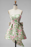 Pink Floral Jacquard Strapless A Line Homecoming Dress with Pearls