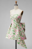 Pink Floral Jacquard Strapless A Line Homecoming Dress with Pearls