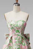 Pink Floral Jacquard Strapless A Line Homecoming Dress with Pearls