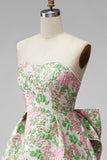 Pink Floral Jacquard Strapless A Line Homecoming Dress with Pearls