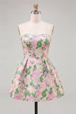 Pink Floral Jacquard Strapless A Line Homecoming Dress with Pearls