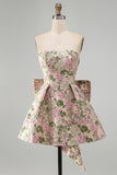 Pink Floral Jacquard Strapless A Line Homecoming Dress with Pearls