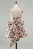 Pink Floral Jacquard Strapless A Line Homecoming Dress with Pearls