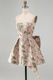 Pink Floral Jacquard Strapless A Line Homecoming Dress with Pearls