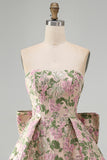 Pink Floral Jacquard Strapless A Line Homecoming Dress with Pearls